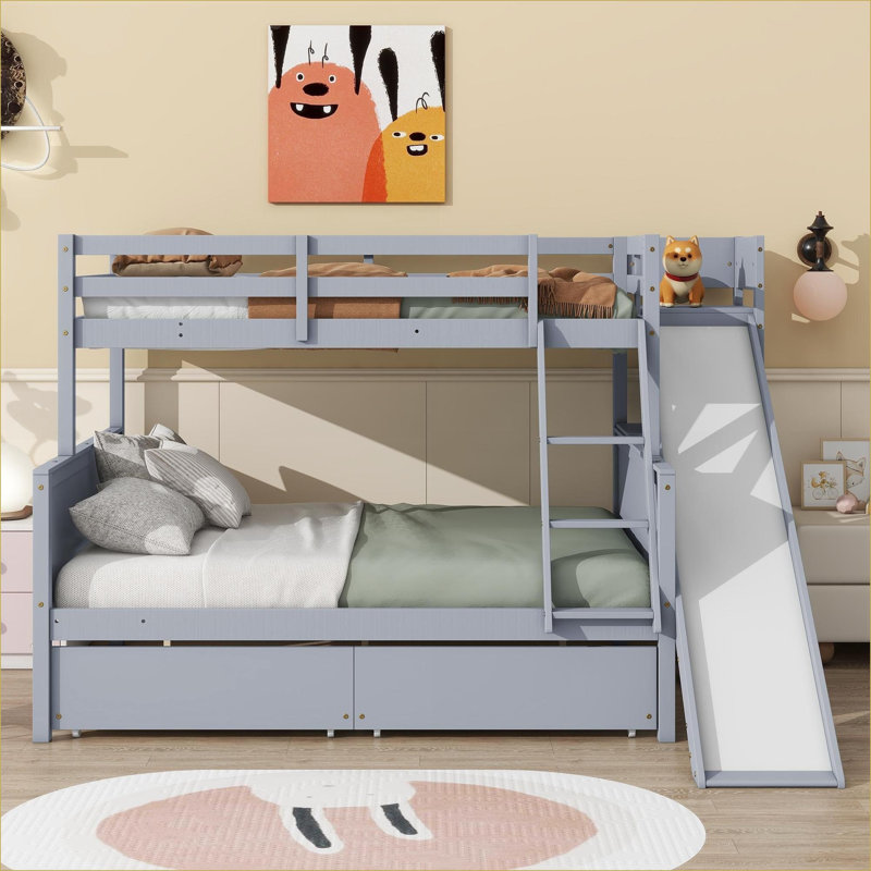 Twin Over Full Rubber Wood Storage Bunk Bed, No Box Spring Needed, With Drawers Slide Shelves, Grey, For Bedroom Guest Room