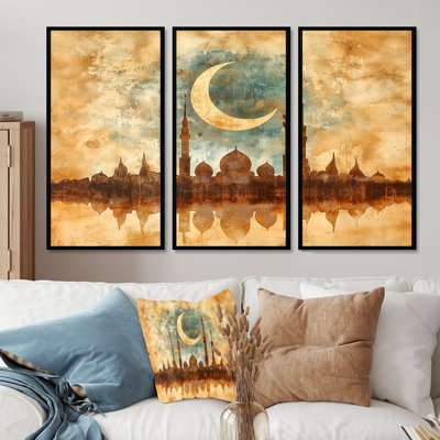 Endless Reflections Of Crescent Moon Over Mosque II - Islam Landscape Wall Art Print Set