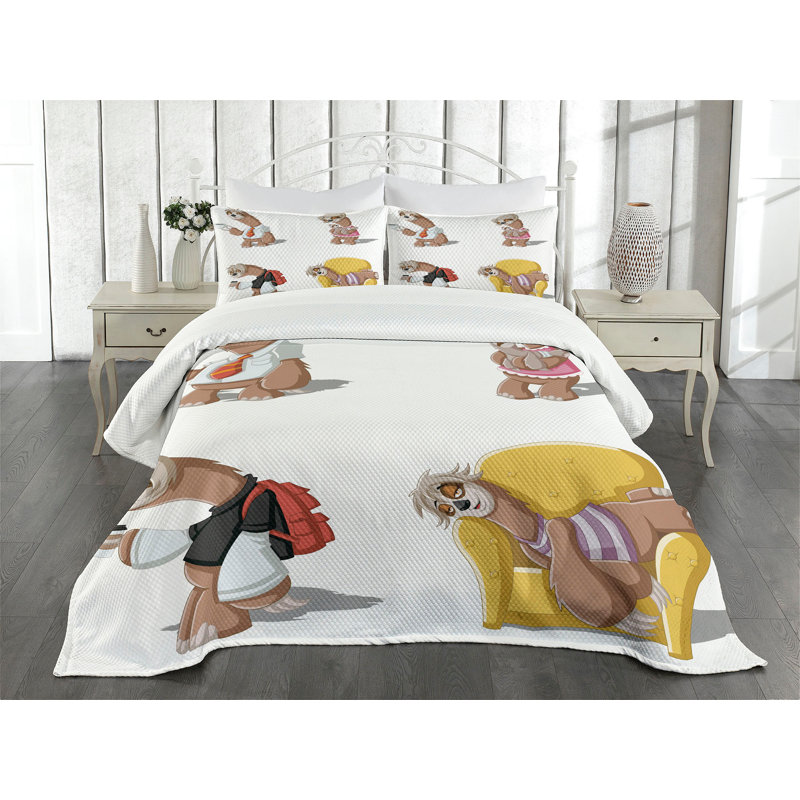 White Quilted Sloth Cartoon Queen Bedspread Set