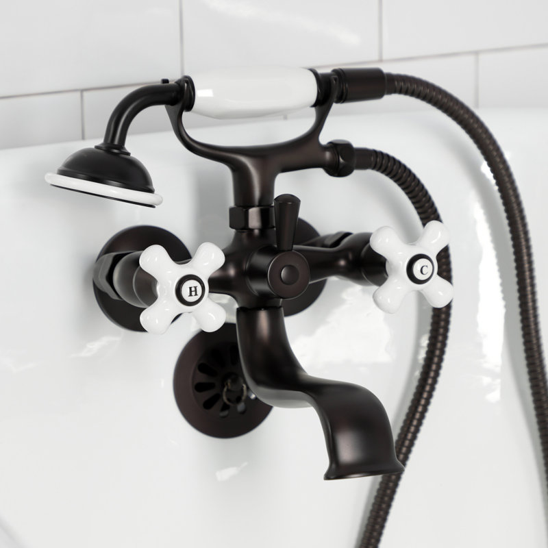 Kingston Brass Kingston Three-Handle 2-Hole Tub Wall Mount Clawfoot Tub Faucet with Hand Shower, Oil Rubbed Bronze