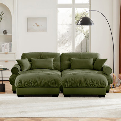 Canapé deux places surdimensionné moderne avec repose-pieds, revêtement en velours, accoudoirs à traversin rond et coussins de confort pour la salle de lecture