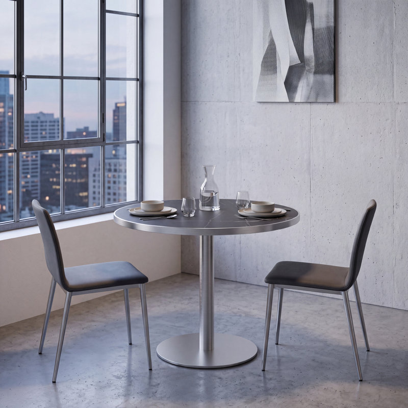 Table de salle à manger ronde à piédestal en pierre frittée avec base en acier inoxydable, Charcoal Black