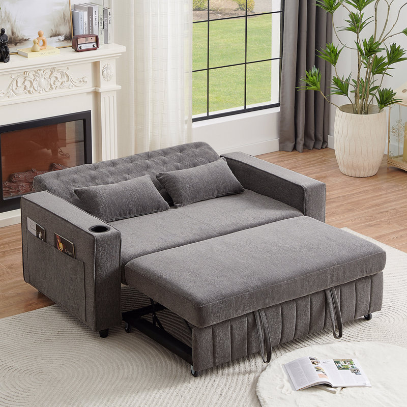  Canapé-lit convertible capitonné 61,4 po avec ports USB et porte-gobelets, Gris