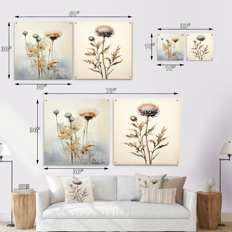 «Beige chardon», ensemble de 2 peintures murales en acrylique sur chardon, H 30 po x l 61 po