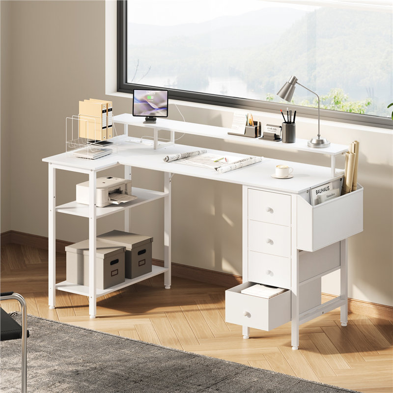 L-Shaped Computer Desk with Built-In Electrical Outlet, 140cm L x 68cm W x 87cm H, White