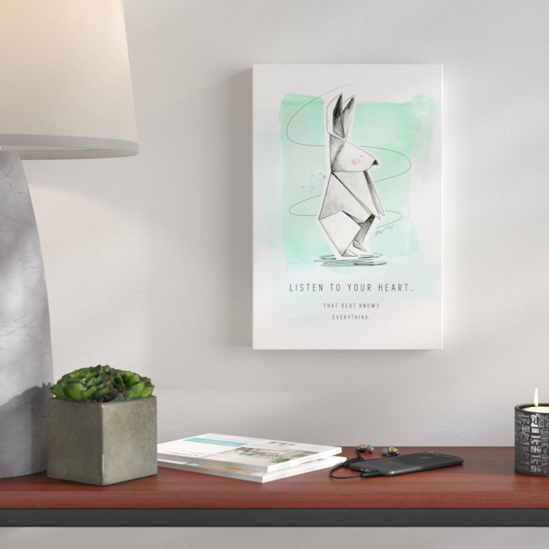 « origami lapin », reproduction d’impression sur toile en bleu/vert, H 45 po x l 30 po x P 1,5 po
