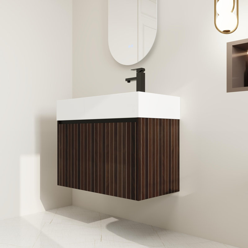 Ensemble de meuble-lavabo mural simple 30 po avec lavabo en résine et meuble-lavabo flottant 2 portes, Rayures argent et noir