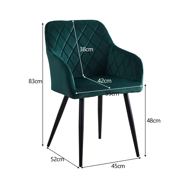 2 X Dining Chairs, Velvet Upholstered Seat Kitchen Chairs With Armrests, Black, Green