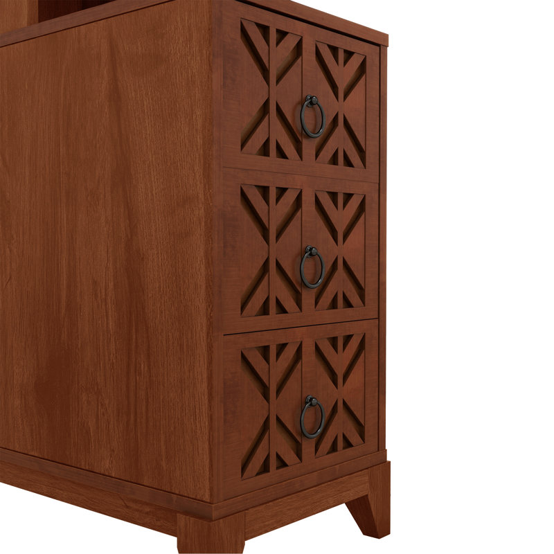 End Table With 3 Drawers, Corner Table With 2 Open Shelves, Tall Side Table For Bedroom And Corner, Walnut, Natural