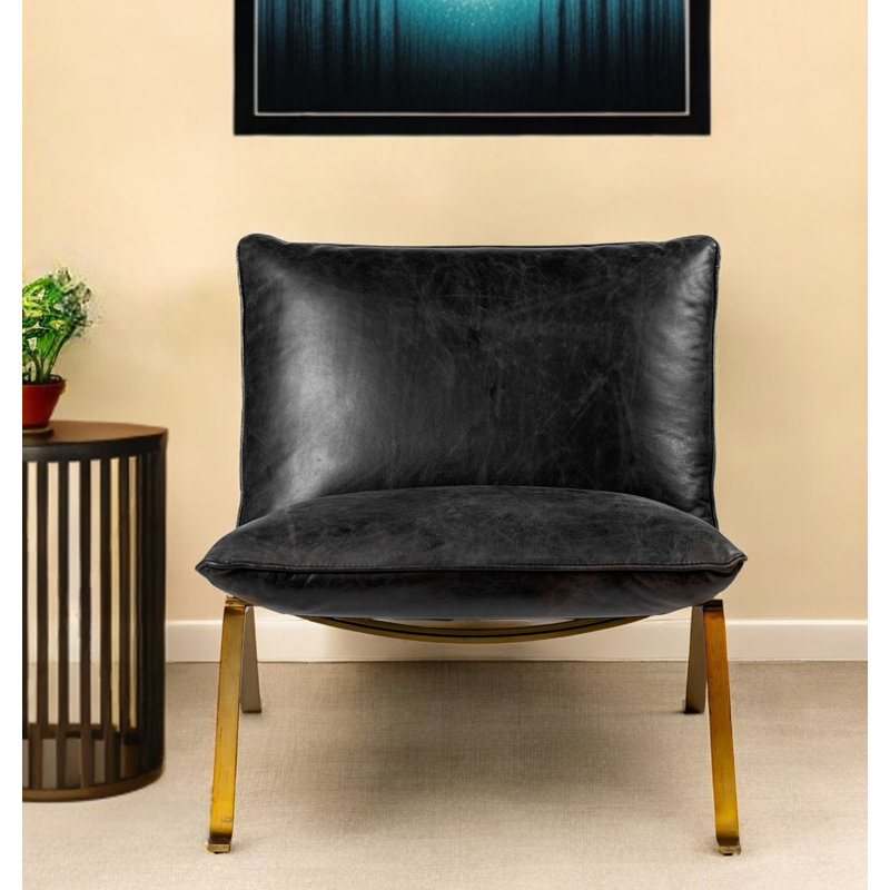  Fauteuil de chambre en cuir grainé noir vieilli avec structure en laiton, Black, Laiton