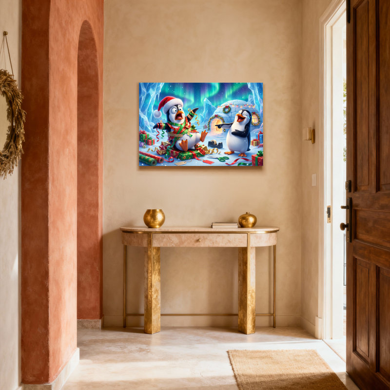 Tableau sur toile tendue représentant une scène de Noël avec des pingouins, aurore boréale et igloo (lot de 1), Noir