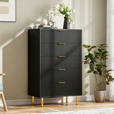 Modern 5 Drawer Dresser - Tall Wooden Chest with Gold Handles - Spacious Storage Organizer Cabinet for Bedroom, Living Room, Hallway - Contemporary Fu