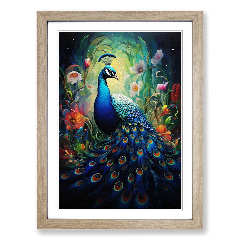 Peacock Modern - Single Picture Frame Print on Wood, 34cm H x 25cm W x 2cm D, Oak Framed