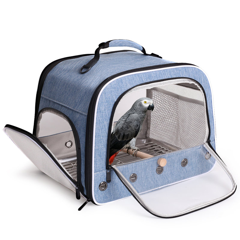 Grande cage de transport pour perroquet gris d'Afrique, avec fenêtres transparentes, perchoir, plateau métallique et grille, bleue.