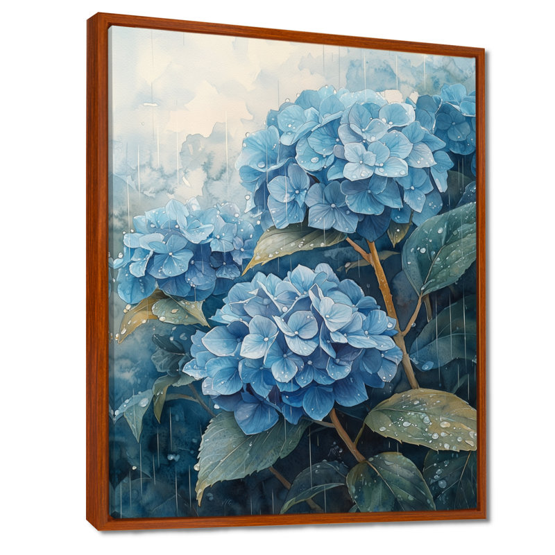Hortensias dans un champ de pluie I - hydrangées, art mural, Brun, Impression encadrée flottante, H 20 po x l 12 po
