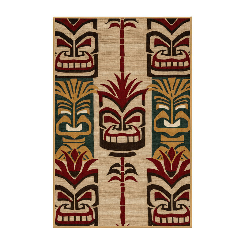 Washable Tiki Faces Hawaiian Area Rug, Rectangle 7' x 10'