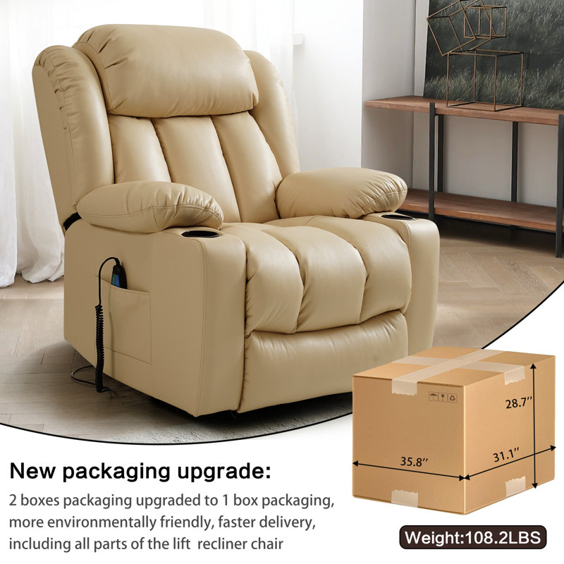 Sandrew Power Lift Recliner Chair with Vibrating Massage and Heating, 2 Side Pockets, and Cup Holders, USB Ports, Right Side Button, Faux Leather