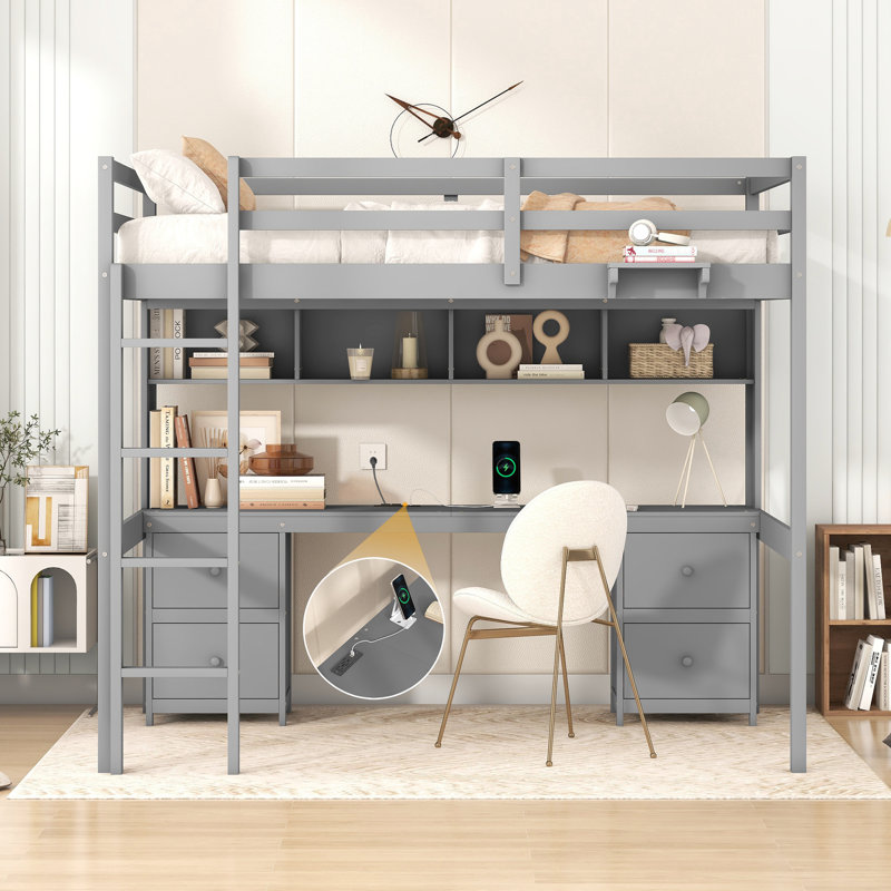 Lit mezzanine double en bois gris avec bureau, station de rangement et station de chargement, tiroirs, Gris