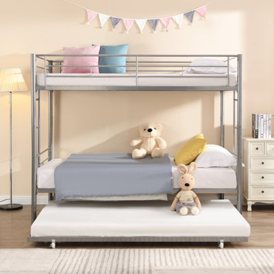 Silver Metal Bunk Bed With Trundle Space Saving Strong Structure Noise Safe Stairs Easy Assembly Color Comfortable And Stable Quiet No Box Spring Needed