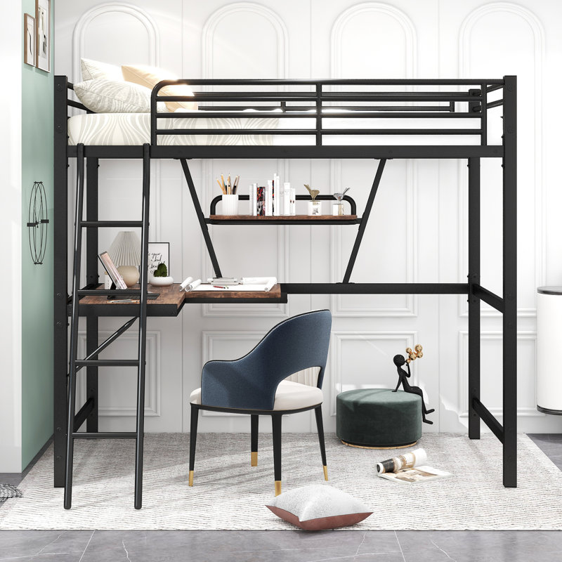  Lit mezzanine simple avec structure en métal, bureau en panneau de fibres à densité moyenne et tablette intégrée pour espace d'étude, noir