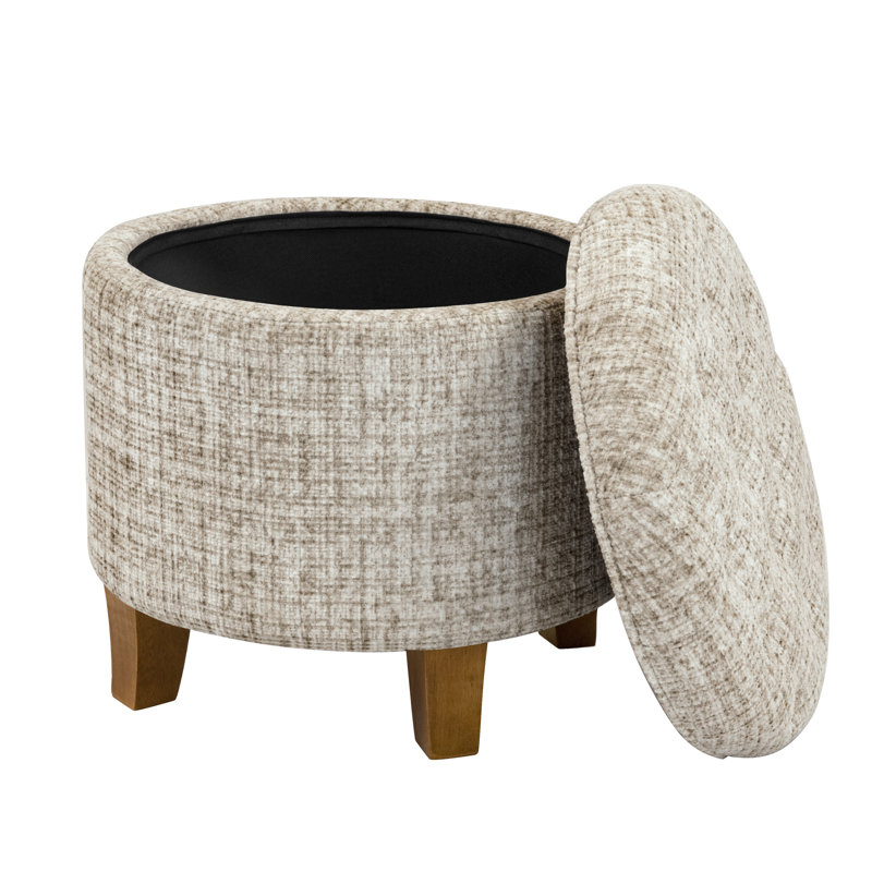 Round Button-Tufted Storage Ottoman, Cream Woven Polyester Blend