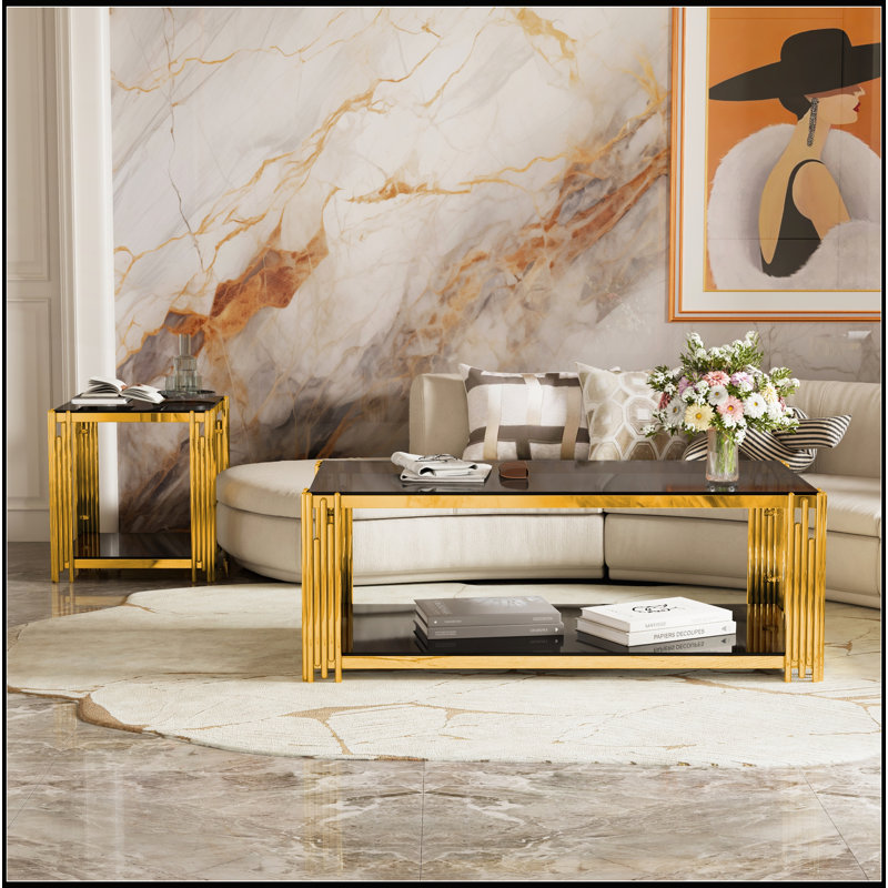 Ensemble de 3 tables de salon élégantes: 1 table basse rectangulaire et 2 tables de bout, verre trempé, métal asymétrique doré, tablette inférieure, 47,5 po