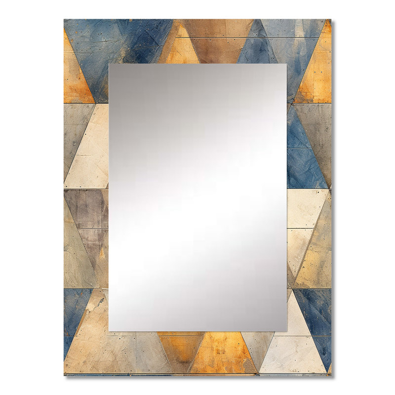 Shanecia beige et bleu triangles mosaïque - grand miroir mural géométrique, miroir géométrique unique, art imprimé en métal