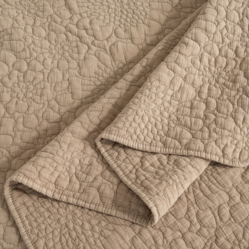 Ensemble de courtepointe réversible 3 pièces en coton délavé à motif floral Stone, Kaki