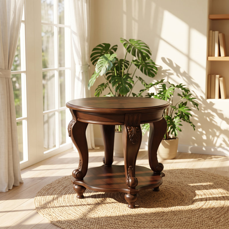 Table de bout ronde en bois d'hévéa massif avec tablette L 22 po x P 22 po x H 20,5 po FSH