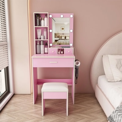 Vanity Table Set with LED Mirror and Power Outlet