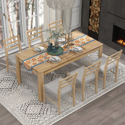 Farmhouse 7-Piece Wooden Dining Table Set- Multifunctional Extendable Table with 12 Inch Leaf and 2 Drawers & 6 Upholstered Chairs