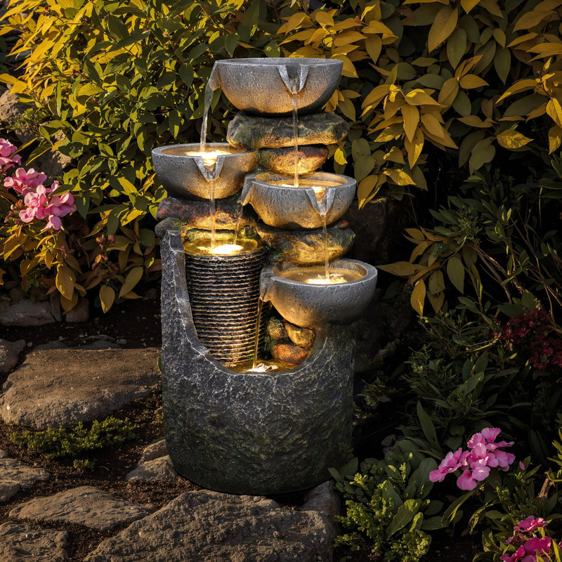 24.8'' H Modern Polyresin Outdoor Water Fountain with LED Lights, Multi-Tier Bowl Waterfall Fountain with Adjustable Flow