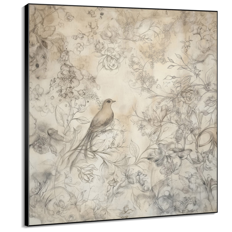 Croquis d'oiseaux, fleurs, fleurs, illustrations florales neutres, art mural encadré - impression numérique (assemblage de cadre requis)