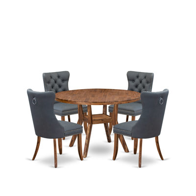 5-piece Modern Dining table set included a Kitchen Table and 4 Platinum Gray Polyester fabric Dining Room Chairs with Button Tufted Back - Antique Walnut Finish