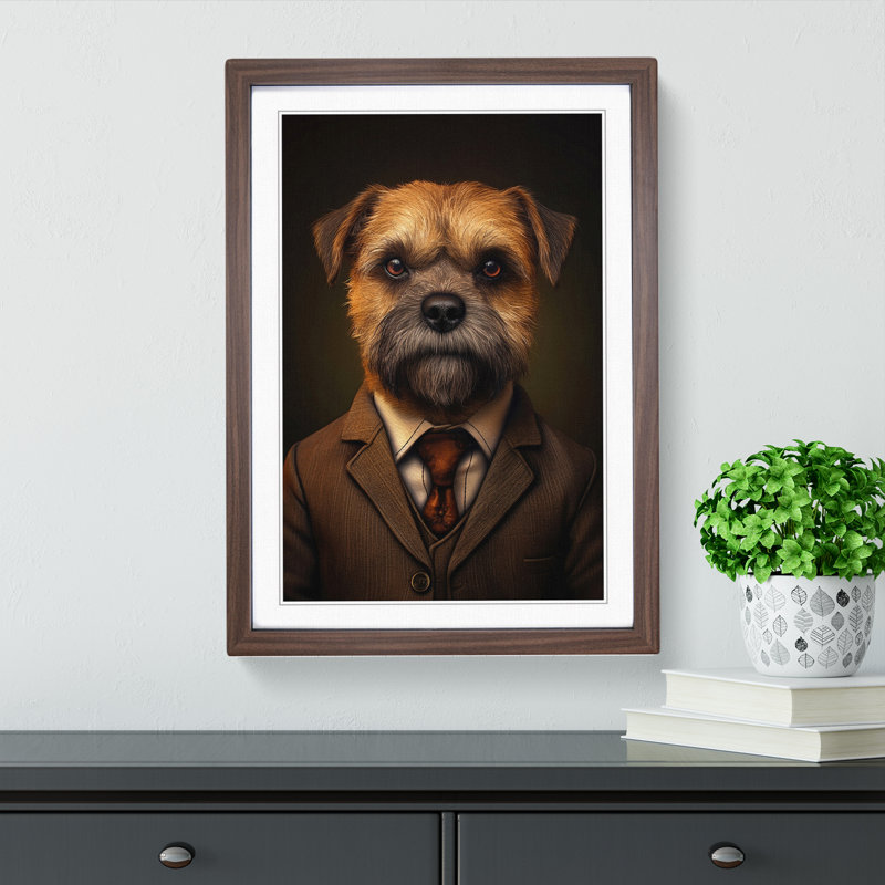 Border Terrier in a Suit Painting - Framed Print, 34cm H x 25cm W, Walnut Framed