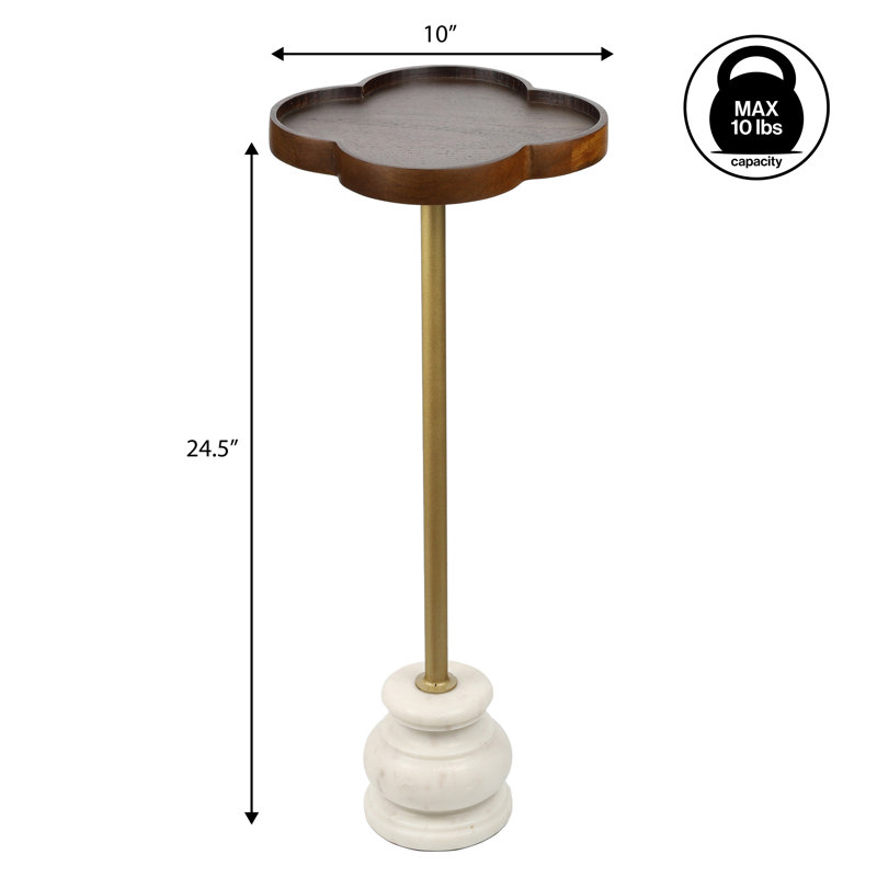 Colby 24.5" Transitional Quatrefoil Mango Wood Top Drink Table - Gold Iron Pedestal & White Marble Base Martini Accent End Table