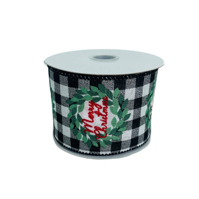 Ruban noir blanc à carreaux avec couronne de joyeux Noël 2,5 po x 10 po
