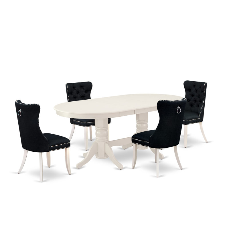 5 Piece Dining Set Includes an Oval Kitchen Table with Removable leaf and 4 Upholstered Chairs, Dark Gray/White