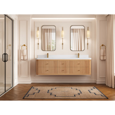 Hampton Floating Oak 72 In. W X 22 In. D Double Sink Bathroom Vanity In Dark Natural With 2 In. White Quartz