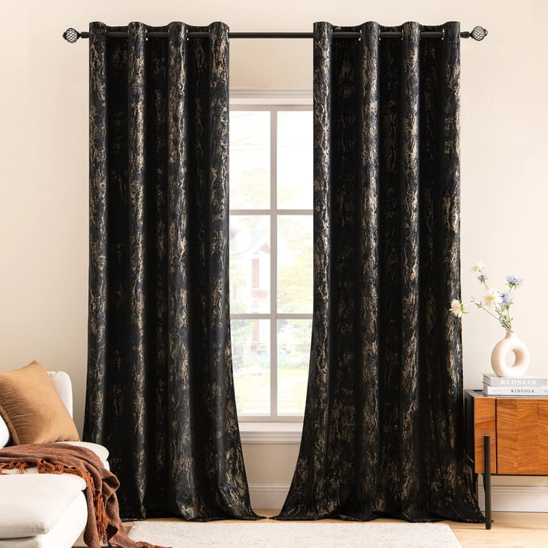 Black Velvet Curtains with Gold Foil,2 Panel Set Soft Thermal Insulated Eyelet 168 x 229 cm
