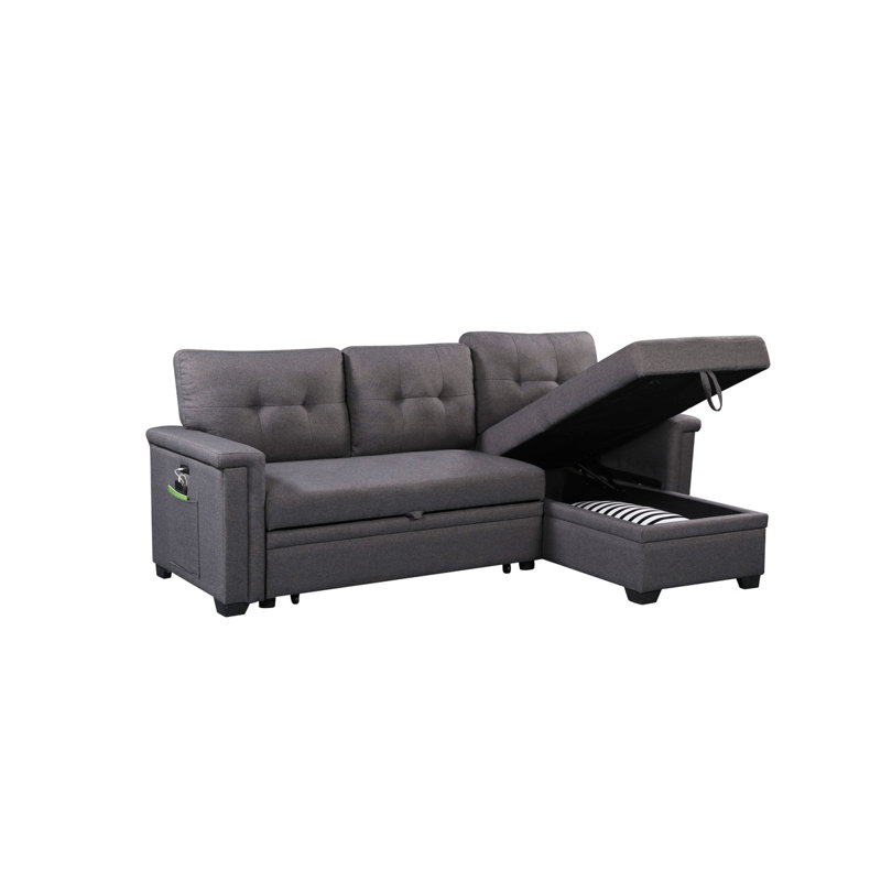 84"W Reversible Sleeper Sectional Sofa With Storage Chaise, Usb Charging Ports And Pocket, Gray Linen