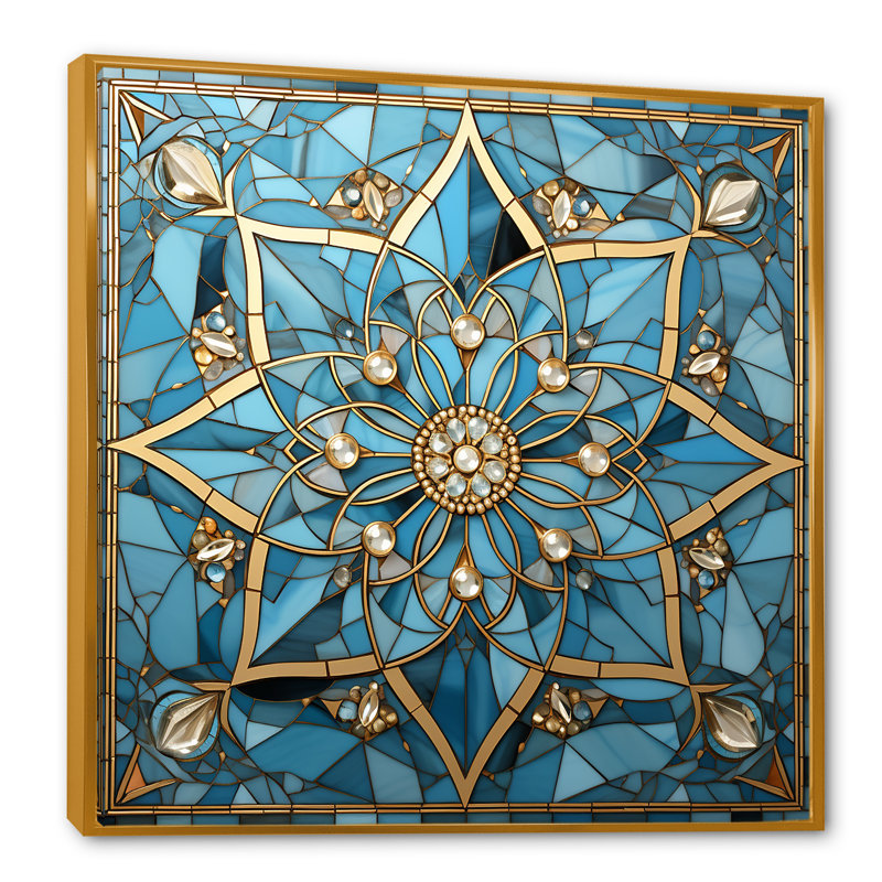 Art mural bleu et or mandala I, Cadre flottant doré, H 16 po x l 16 po x P 1 po
