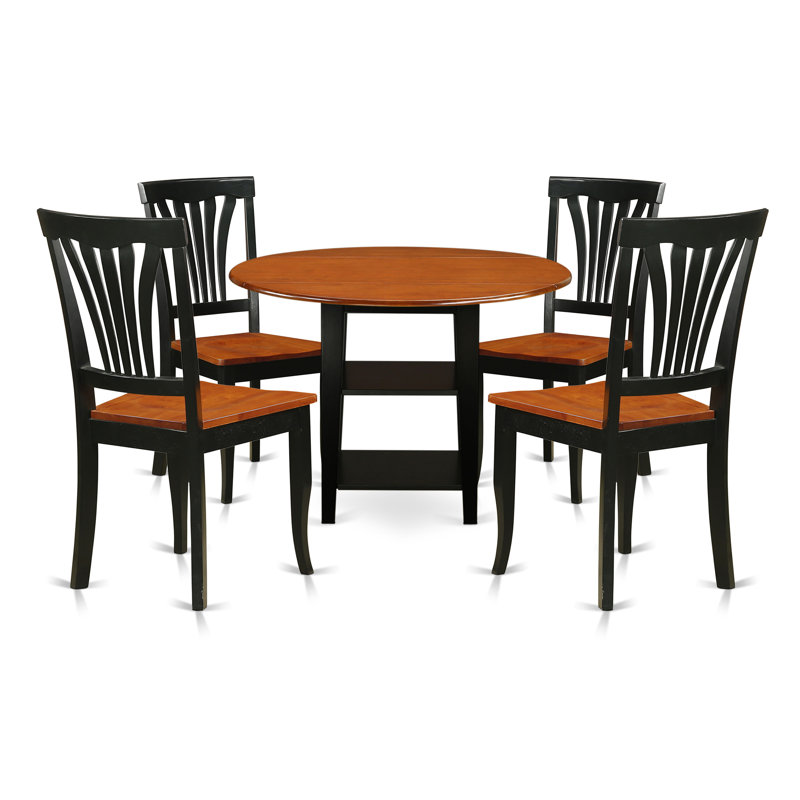 L'ensemble de mobilier de salle à manger 5 pièces comprend une table ronde avec Dropleaf et des tablettes et 4 chaises en bois, noir et cerisier