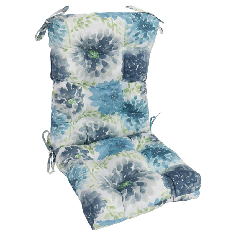 Outdoor Tufted Seat/Back Chair Cushion, White/Blue/Gardenia Cool Floral, 18" W x 18" D