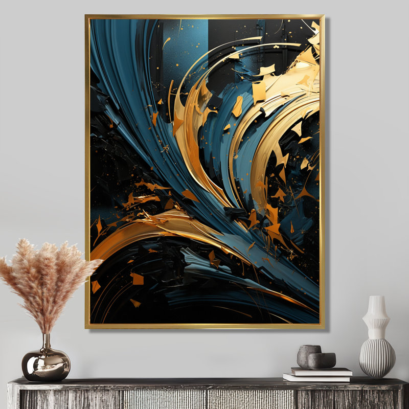Décoration murale dorée, soleil liquide sur II - vagues, Toile avec cadre flottant or, H 32 po x l 24 po x P 1 po