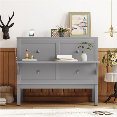 Lit escamotable double avec port USB et tablettes amovibles de chaque côté, gris