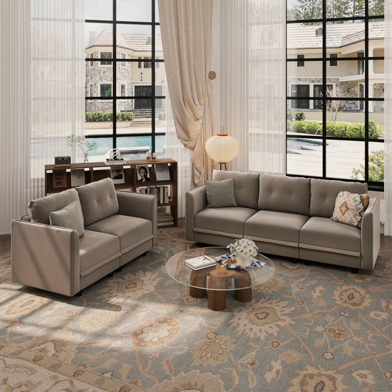Canapé modulaire avec rangement 2 pièces Zendajas, Mélange de polyester brun clair