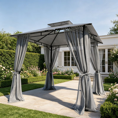 Tonnelle de jardin en acier de 2,4 m x 2,4 m, avec toit souple à deux niveaux et moustiquaire zippée, résistante aux intempéries, idéale pour le jardin, la terrasse ou la piscine, grise.