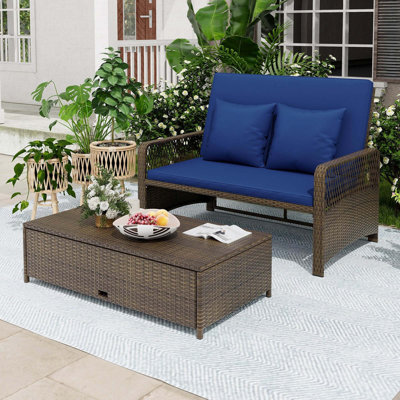 Patio Daybed Loveseat Sofa with Multifunctional Ottoman Blue