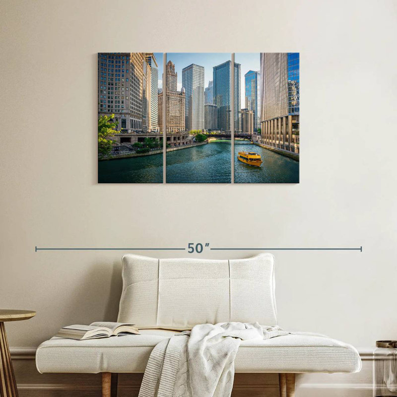 Bateau sur la rivière Sireci, Chicago, H 24 po x l 38 po